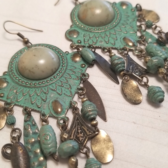 Gold Teal Southwest Beaded  Earrings - Picture 2 of 4